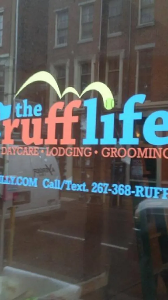 Front window with a graphic of "The Ruff Life" logo on it
