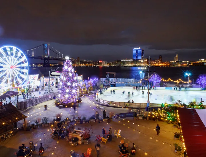 Blue Cross RiverRink Winterfest with ferris wheel and ice rink on the Delaware River