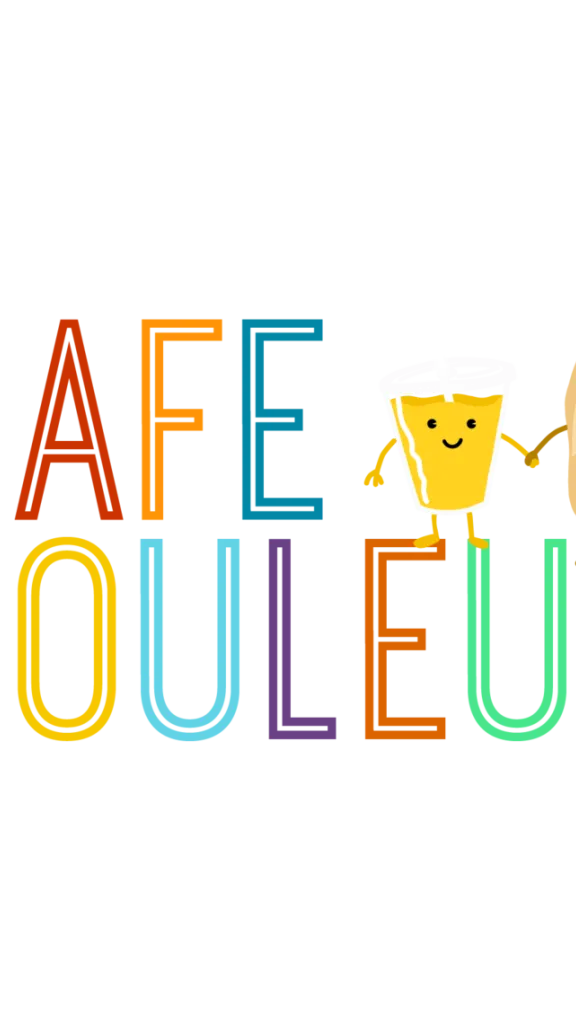Cafe Couleur logo, with in Cafe Couleur capital, multicolor text and drink and bánh mì illustrations holding hands