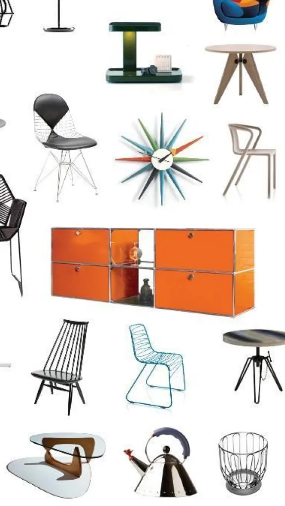 Collage of furniture and home decor on white background. Items include tables, chairs, and other home decor