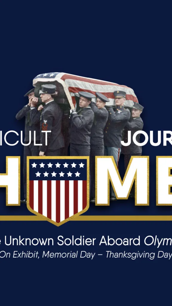 Honor guard carrying casket draped with the American flag, with text information about the exhibit