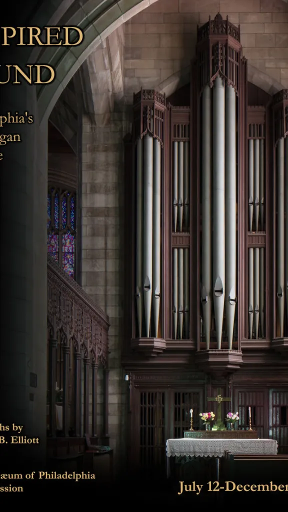 Flyer for the event with a large photo of the pipe organ and text information about the event