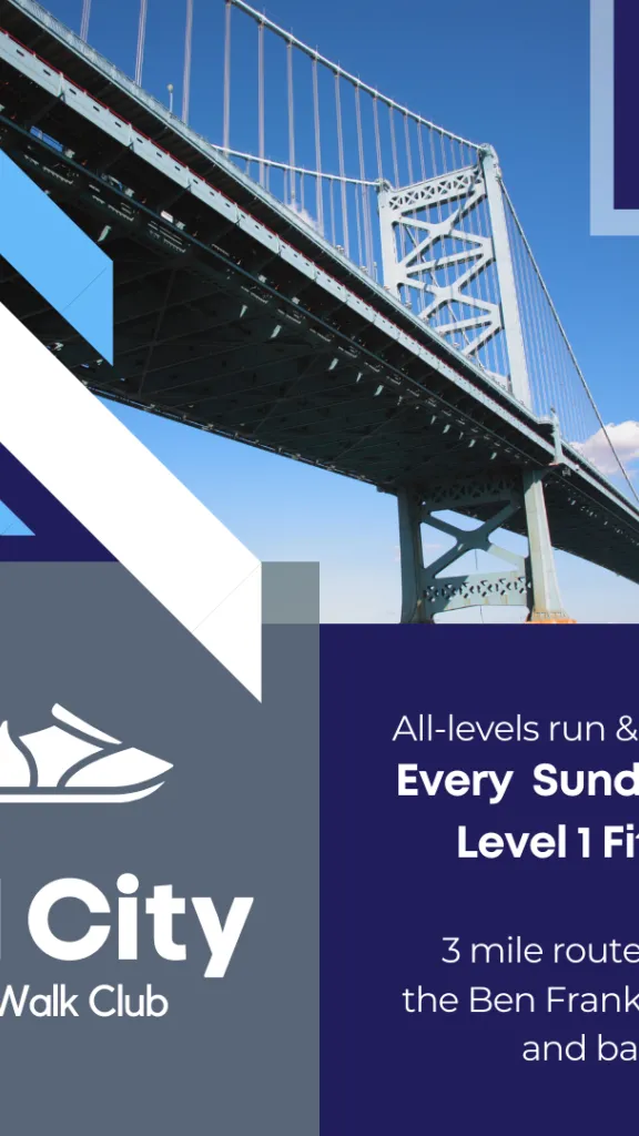 Photo of the Ben Franklin Bridge and text information about the event with a graphic image of a pair of sneakers