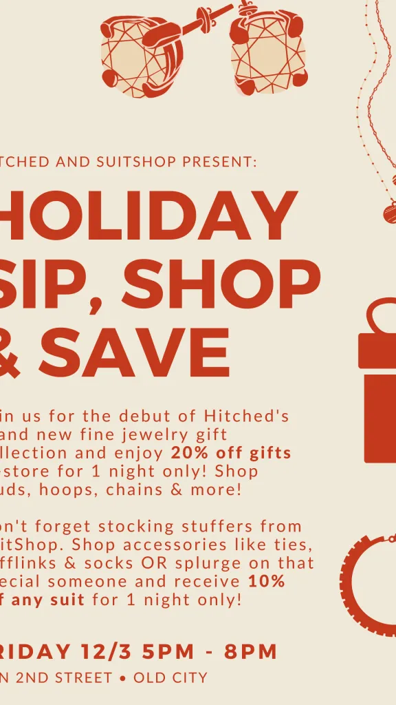 Holiday Sip, Shop, & Save Flyer with red text and graphics of earrings and a gift box
