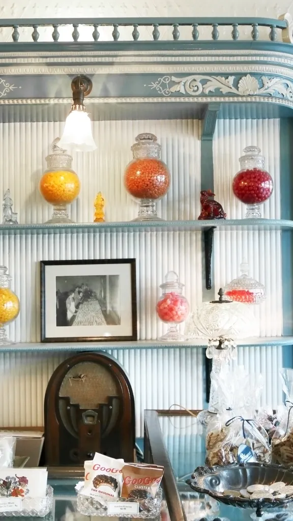 Interior of Shane Confectionery with candy displays and front counter