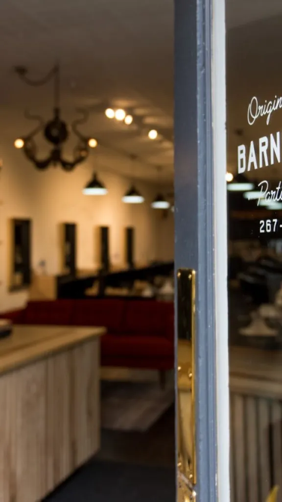 Front door of salon open, looking into Barnet Fair Salon