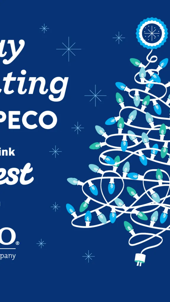Holiday Tree Lighting graphic with blue background and white text and graphic of holiday tree with event information