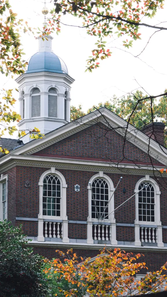 Exterior of Carpenters' Hall on a fall day with fall foliage