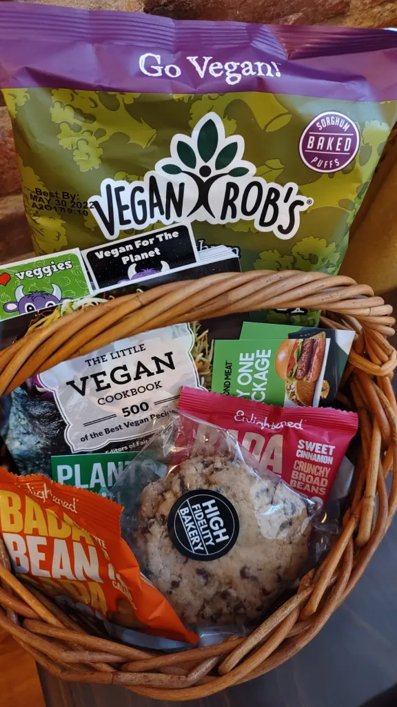 Gift basket with vegan food items