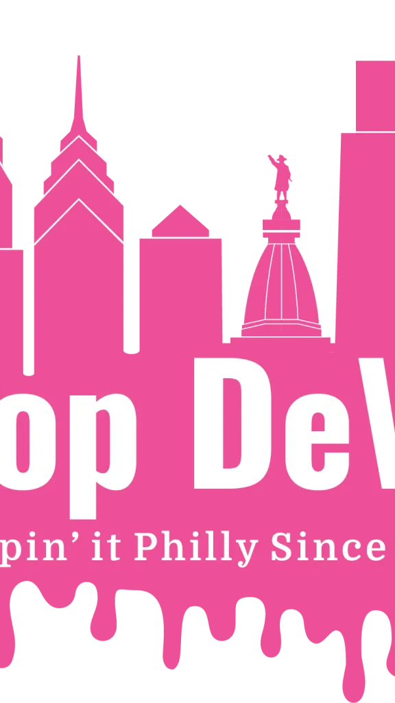 Scoop DeVille logo in pink and white with Philadelphia skyline 