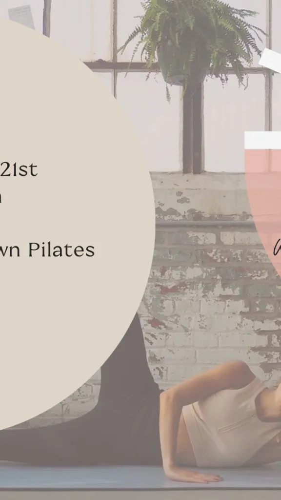 Person doing pilates at a studio with event information on the graphic