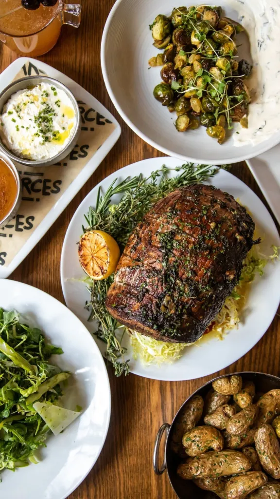 A spread of food plated on a table