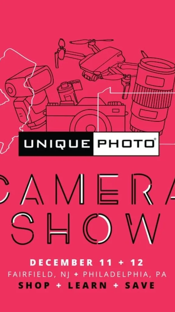 Event graphic for Unique Photo Camera Show with pink background with white and back text