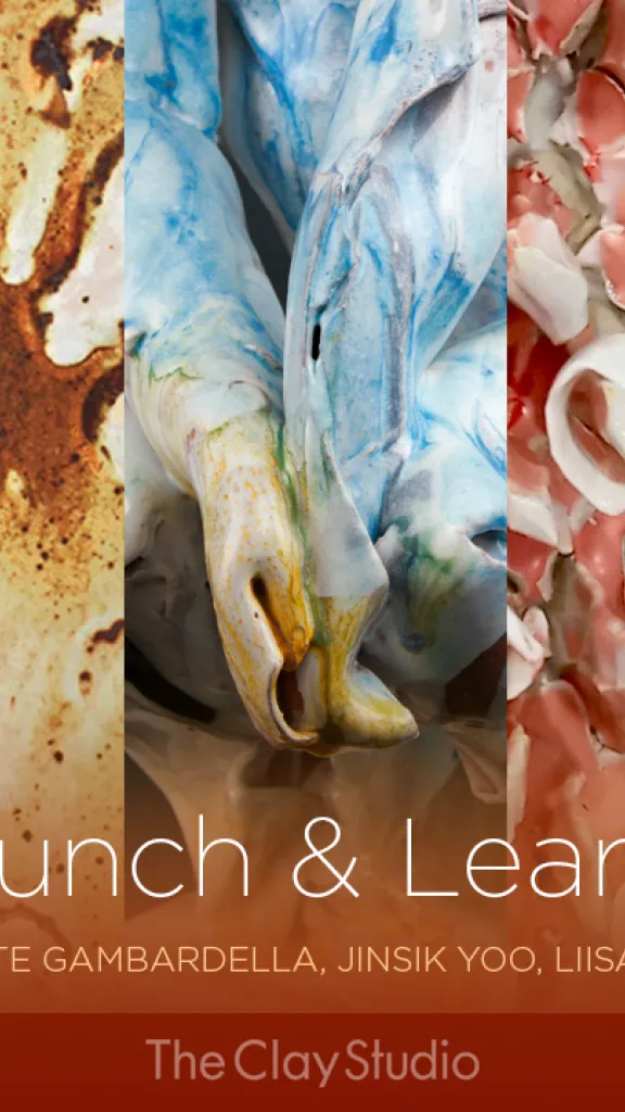 Graphic for Lunch & Learn event with photos of artwork and event information in white text