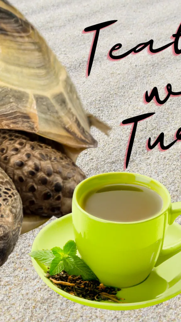 Teatime Series: Teatime with Turtles graphic with event information and a photo of a turtle and a cup of tea