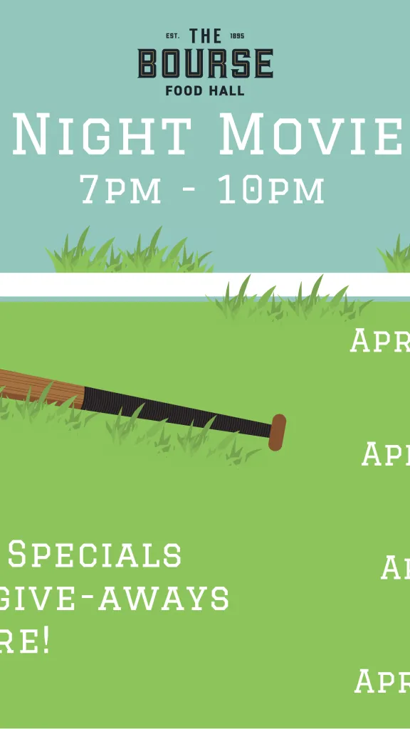 Friday Night Movie Series flyer with baseball, baseball hat, and bat on field