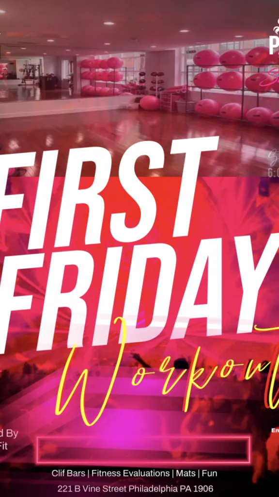 Flyer for First Friday workout with workout studio in the background