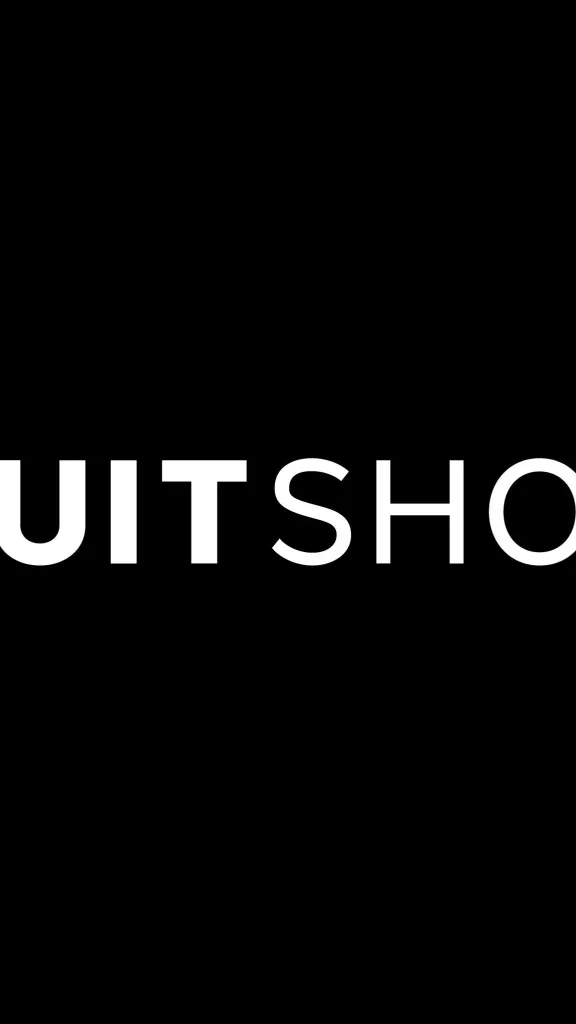 SuitShop logo with SUITSHOP in capitalized in white text with black background