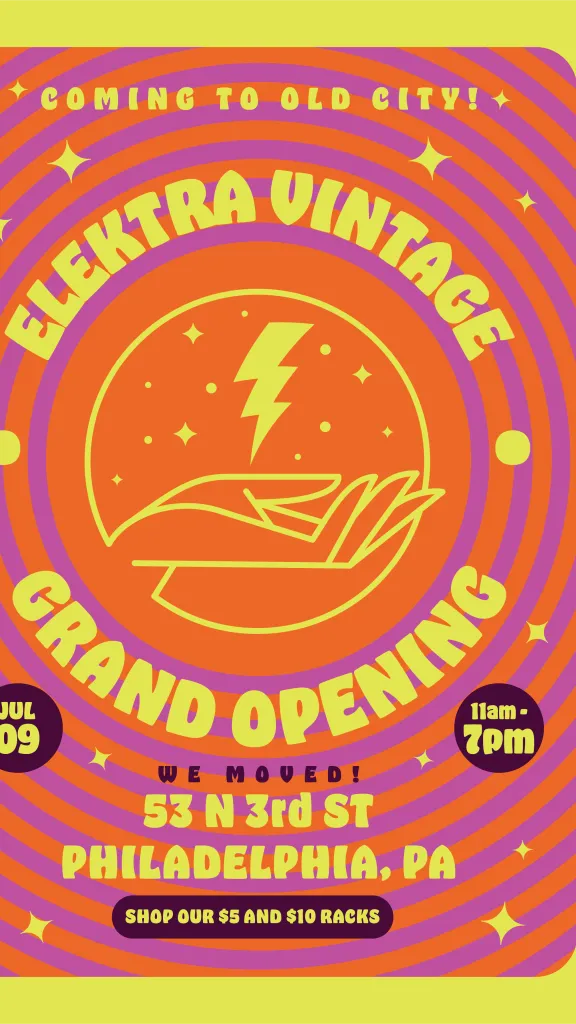 Opening flyer with Elektra Vintage logo of hand holding lightning bulb