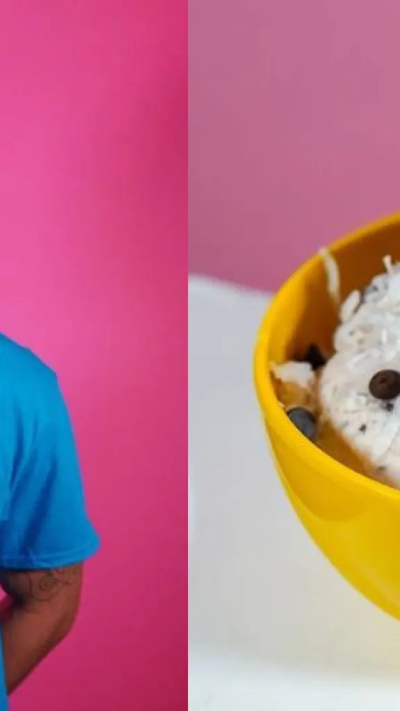 Photo of Kianu Walker and a bowl of vegan ice cream