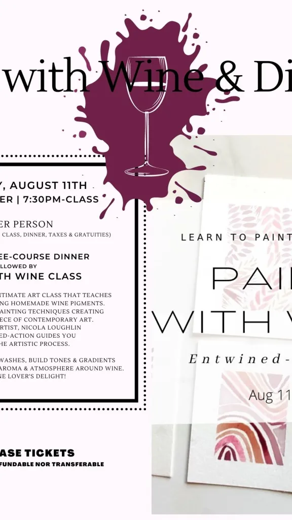 Paint with Wine & Dinner flyer with paintings and wine glass