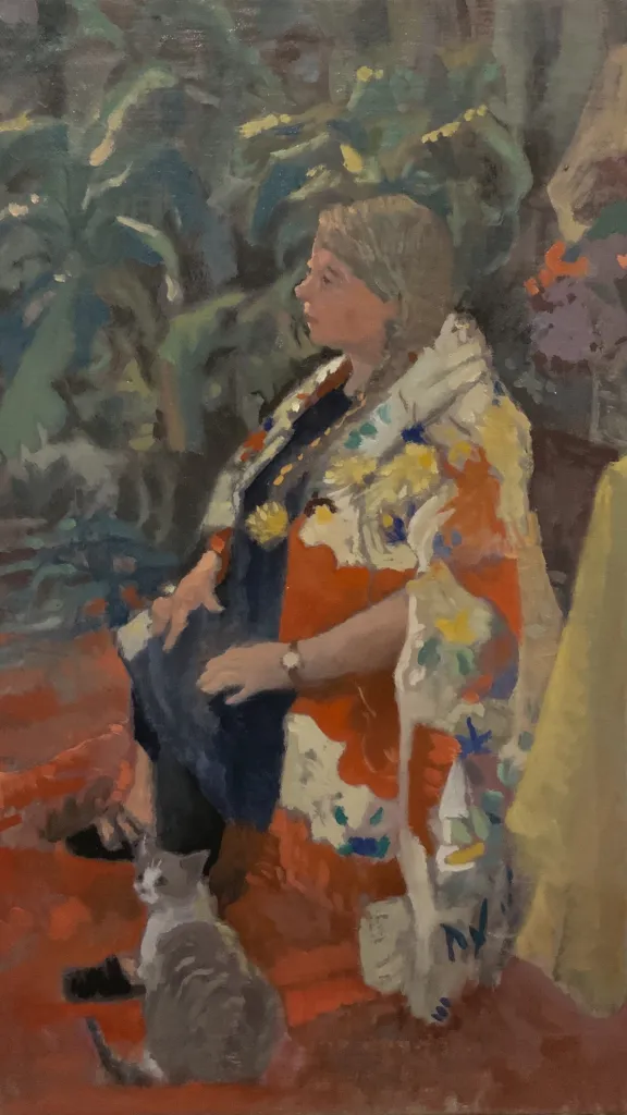 Painting of person sitting and a cat