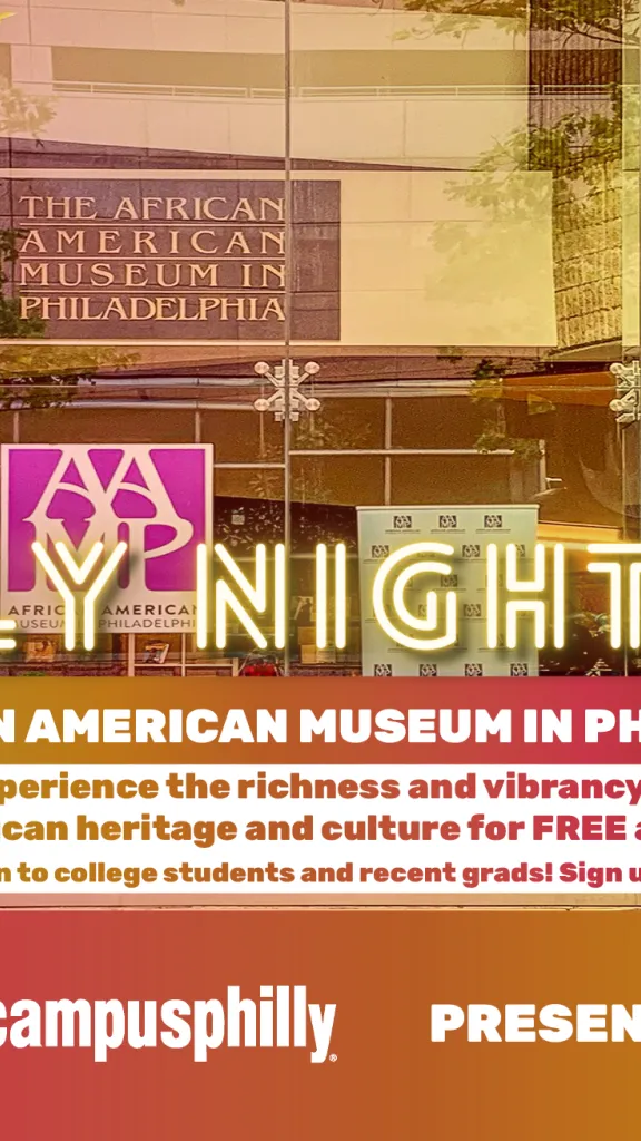 Event graphic with information in text and photo of the African American Museum in Philadelphia 
