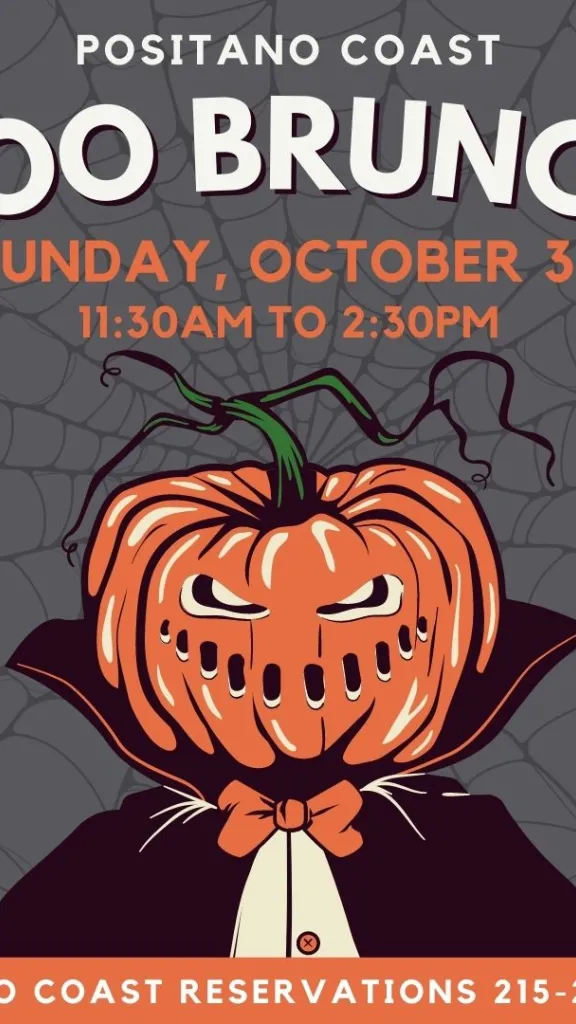 Graphic of person with pumpkin mask and cape  and text that reads "Boo brunch" and event information