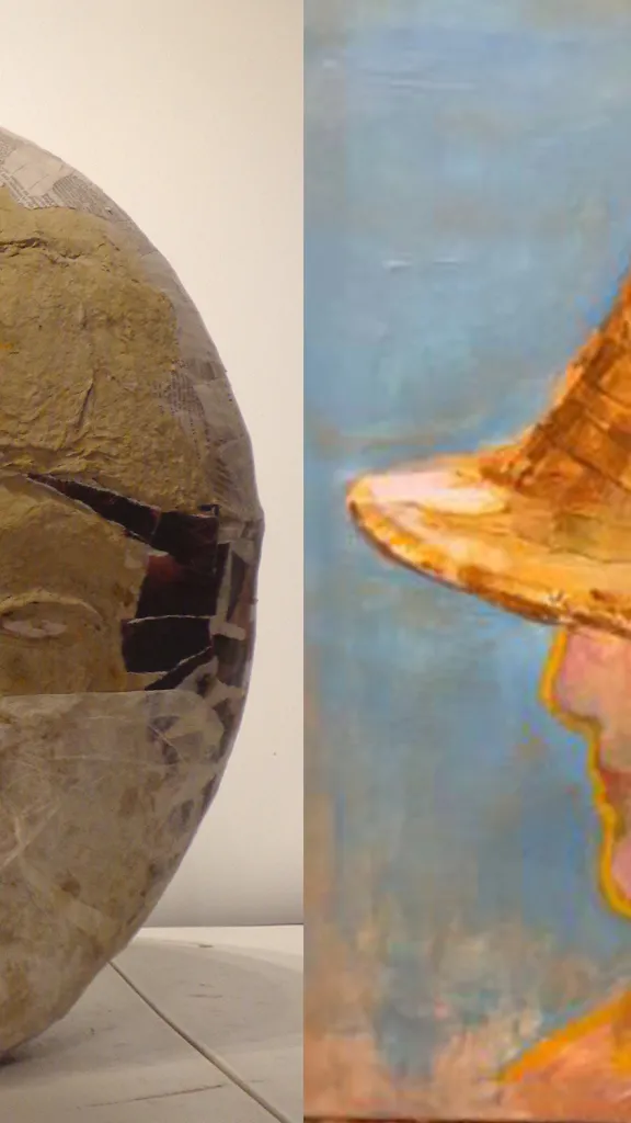 Paper mache sculpture by Drew Zimmerman and painting of woman's face wearing yellow hat by Sue McKee