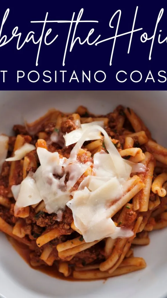 Bowl of pasta with cheese and text "Celebrate the Holidays at Positano Coast"