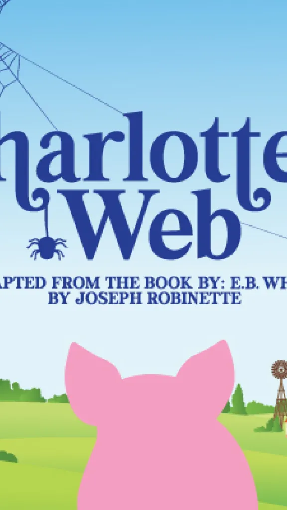 Photo of pig and spider with Charlotte's Web in blue text