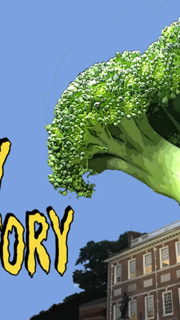 Large broccoli peering over Independence Hall with text Spooky Veg History