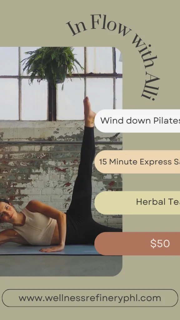 Person practicing pilates at studio with event information in text