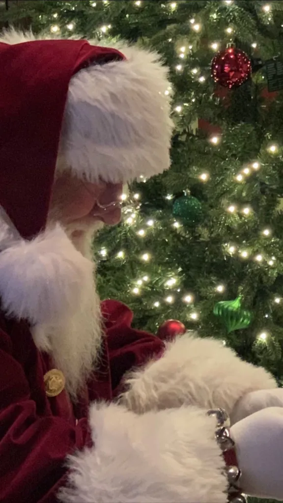 Santa sitting at tree with lights