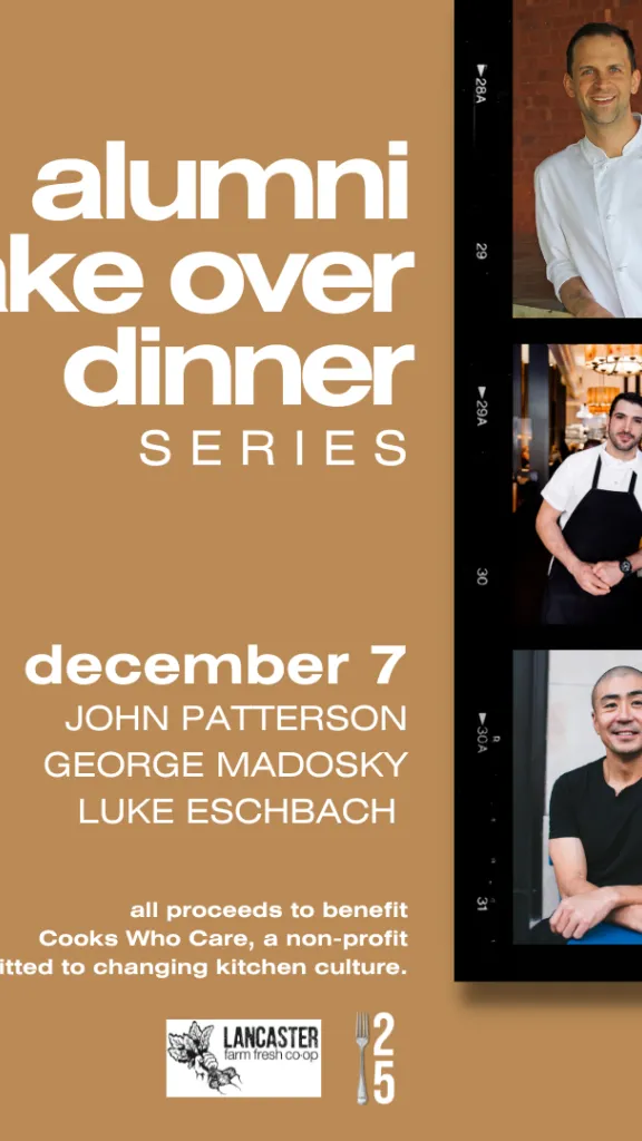 Event graphic with information and photos of three chefs