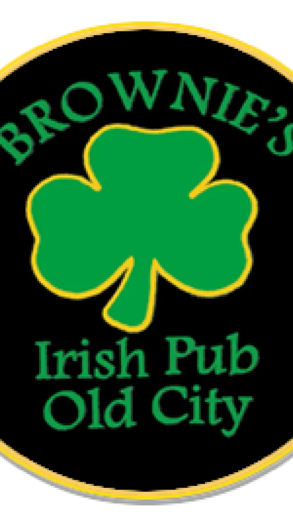 Brownie's Irish Pub logo with green shamrock