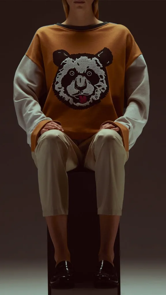 Person seated wearing sweatshirt with panda 