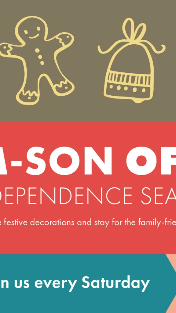 Event graphic with information in text and gingerbread cookie, hat, hot tea, and gift