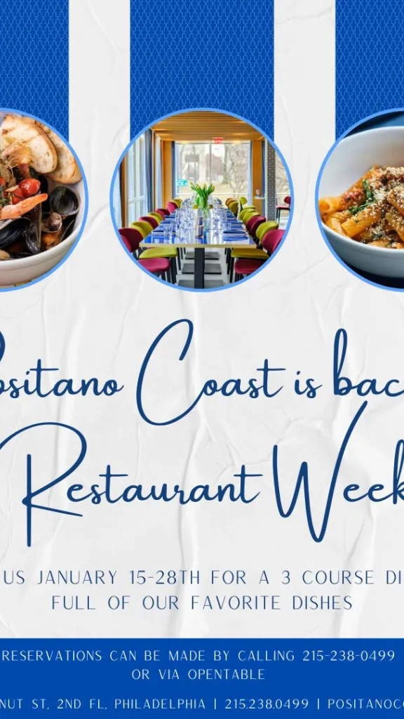 "Positano Coast is back for Restaurant Week!" in blue text and three photos of Positano Coast restaurant and entrees