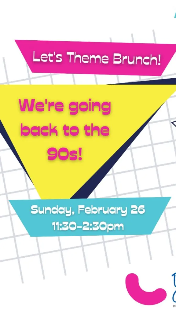 90s themed flyer for Positano Coast brunch with neon shapes