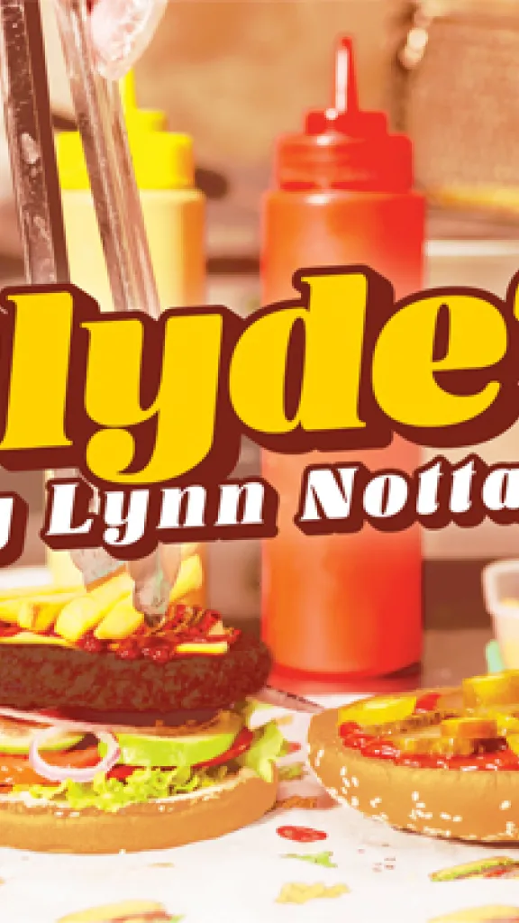 Artwork for Clyde's with cheeseburger and bottle of ketchup in background