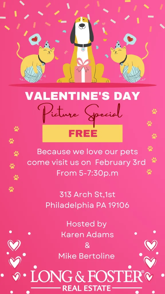 Event graphic with pink background and white text with dog and two cats
