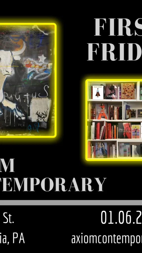 Event graphic with text and two images of artwork at Axiom Contemporary