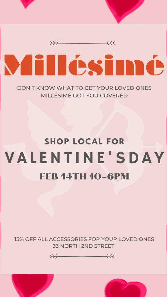 Event graphic with hearts design and red and pink background