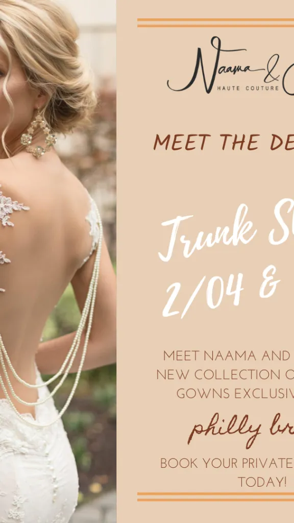 Person wearing wedding gown with event information in text