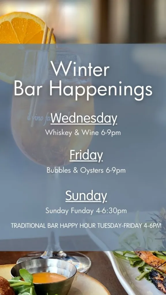 Dates and times for bar happenings with picture of a drink and food in the background