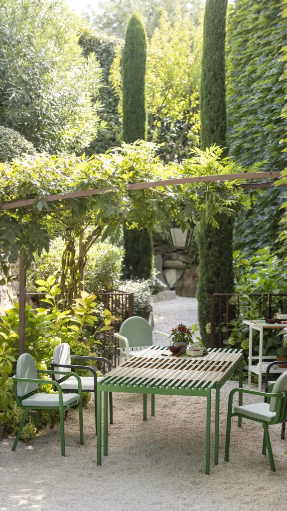 Outdoor furniture in garden surrounded by trees