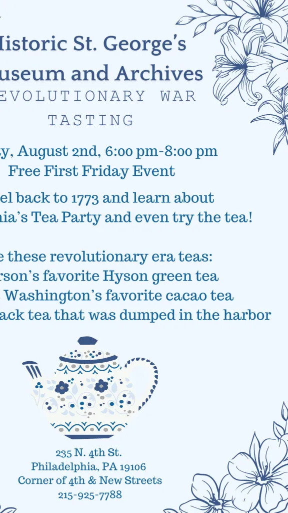 This is a blue flyer with flowers surrounding the boarder. Has a tea pot that is blue with polkadot flowers on it. Has the text written above. 