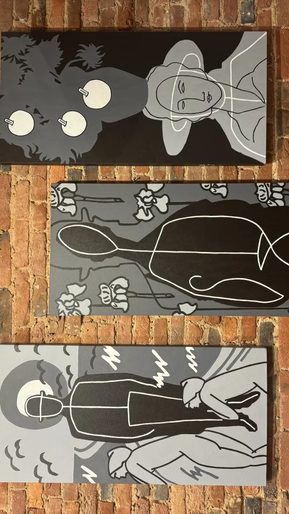 TRILOGY TRIBUTE TO MODIGLIANI, MAGRITTE AND VAN GOGH Acrylic on stretched canvas 40" x 20" x 3