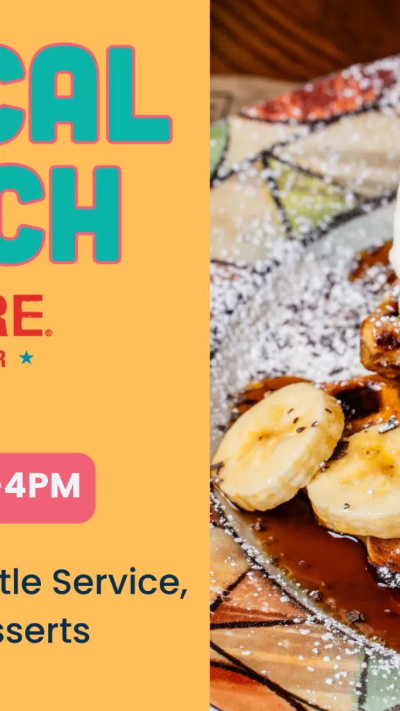 Plate of waffles with whipped cream and text: Tropical Brunch at Cuba Libre Sat + Sun 12-4pm